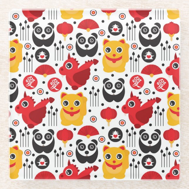 Glückliche Katze, Drache und Panda der China Glasuntersetzer (Vorderseite)