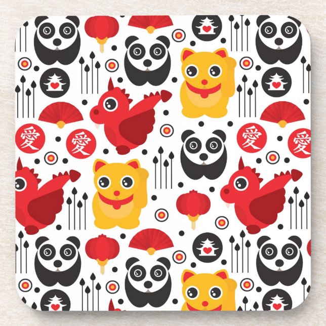 Glückliche Katze, Drache und Panda der China Untersetzer (Vorderseite)