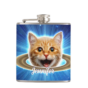 Glückliche Katze im Weltraum. Flachmann