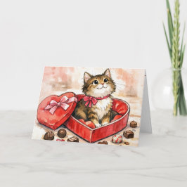 Glückliche Katze in einer Valentinsherz-Schachtel Karte