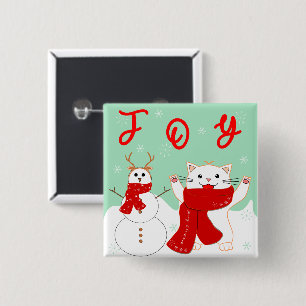 Glückliche Katze mit Schneemann   Süßer Weihnachts Button