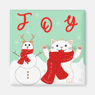 Glückliche Katze mit Schneemann   Süßer Weihnachts Magnet