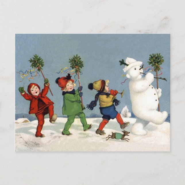 Glückliche Kinder, die mit dem Schneemann laufen,  Postkarte (Vorderseite)