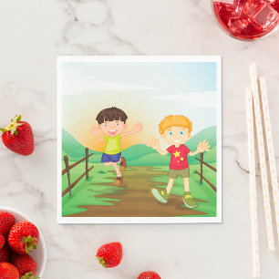 Glückliche Kinder spielen draußen Serviette