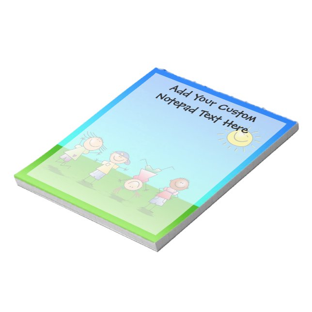 Glückliche Kinder spielen in der Sonne, Kinder dra Notizblock (Rotiert)