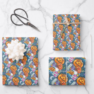 GLÜCKLICHE KÜRBISLATERNE FAMILIE, FARBBLOS UND NIE GESCHENKPAPIER SET