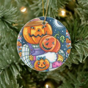 GLÜCKLICHE KÜRBISLATERNE FAMILIE, FARBBLOS UND NIE KERAMIK ORNAMENT