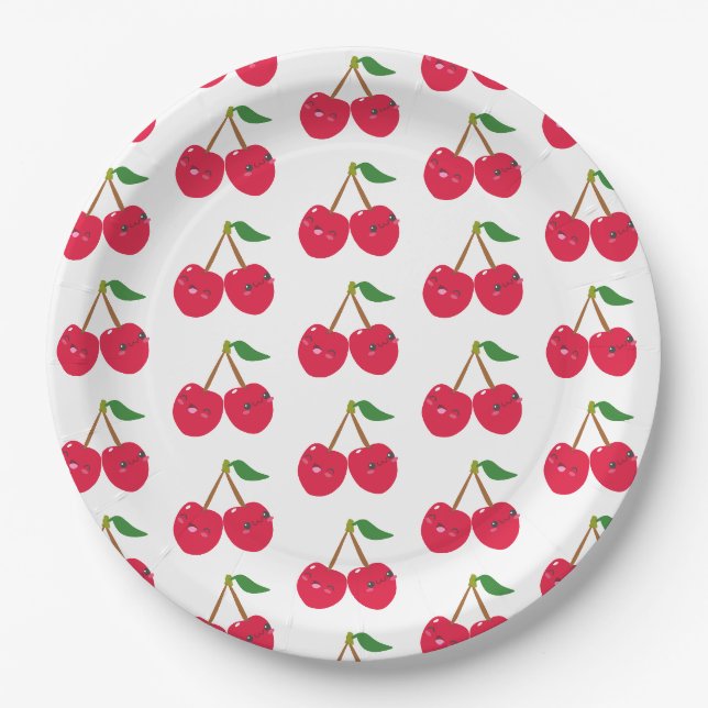 Glückliche lächelnde Kawaii-Kirschfrucht Pappteller (Vorderseite)