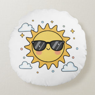 Glückliche lächelnde Sonne Cartoon - Minimalistisc Rundes Kissen
