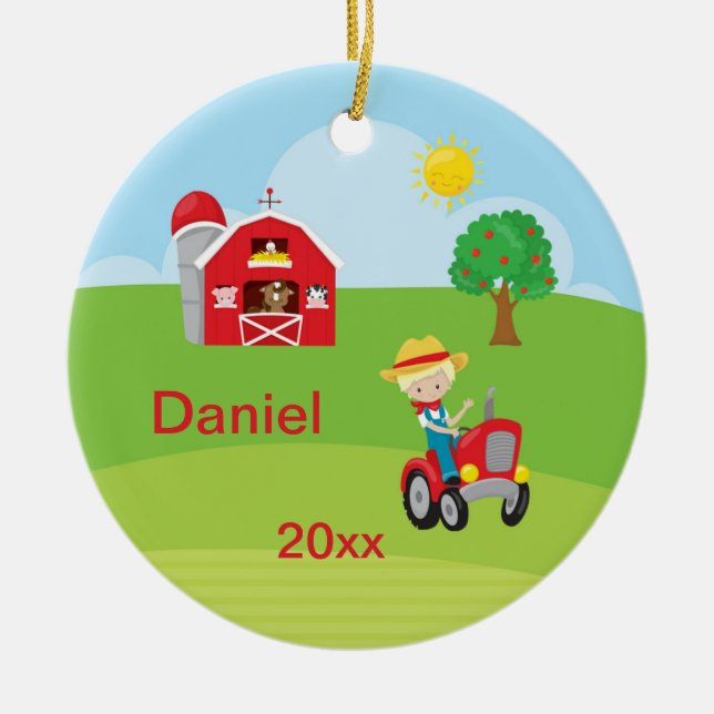 Glückliche Landarbeiter-Scheunen-Traktor-Tiere Keramik Ornament (Vorne)