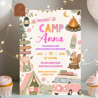 Glückliche Mädchen-Camping-Geburtstag Rosa Einladung