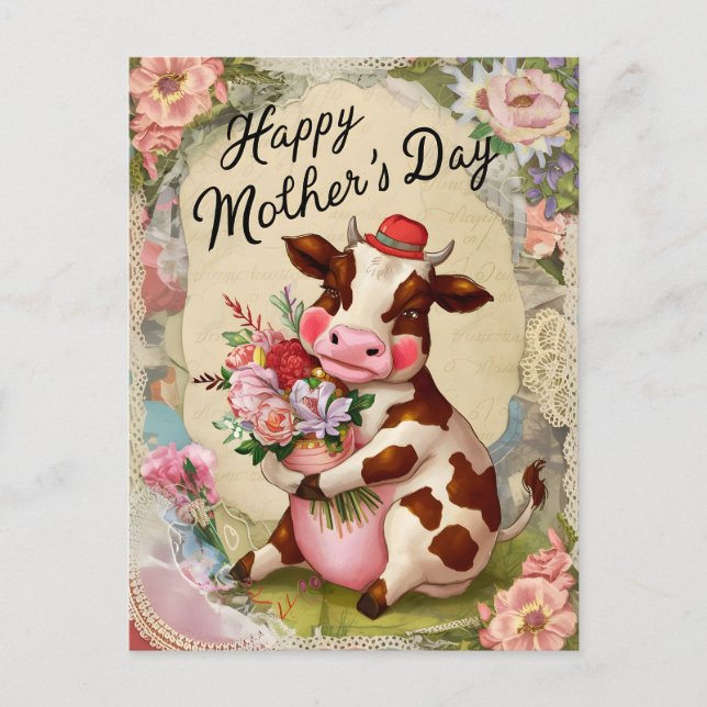 Glückliche Muttertagskuh Vintage Postkarte (Vorderseite)
