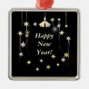 Glückliche Neujahrsstars und Glocken auf schwarz Ornament Aus Metall