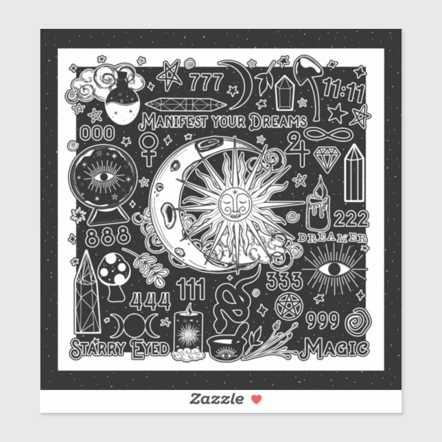 Glückliche Numerologie Manifesting Magic Black & W Aufkleber (Blatt)