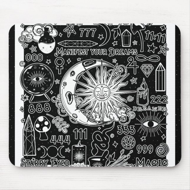 Glückliche Numerologie Manifesting Magic Black & W Mousepad (Vorne)