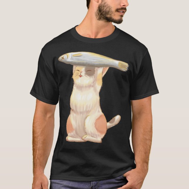Glückliche orange Katze mit Fisch T-Shirt (Vorderseite)