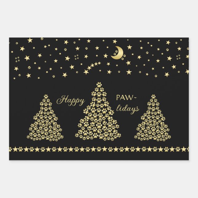 Glückliche Pawlidays, goldglänzende Paw Weihnachts Geschenkpapier Set (Vorderseite)