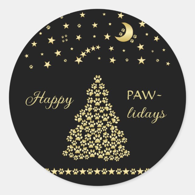 Glückliche Pawlidays, goldglänzende Paw Weihnachts Runder Aufkleber (Vorderseite)