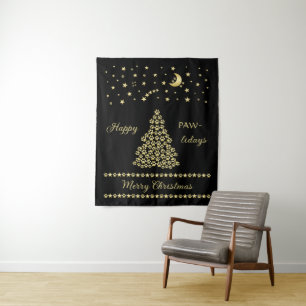 Glückliche Pawlidays, goldglänzende Paw Weihnachts Wandteppich