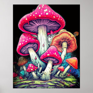 Glückliche Pilze auf schwarzem Hintergrund an eine Poster