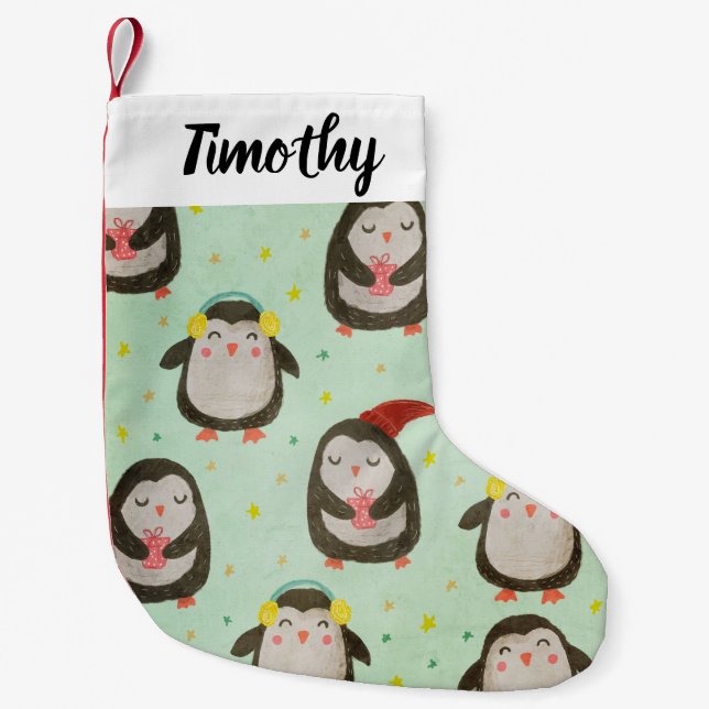 Glückliche Pinguine mit Weihnachtsmannmützen und O Kleiner Weihnachtsstrumpf (Vorderseite)
