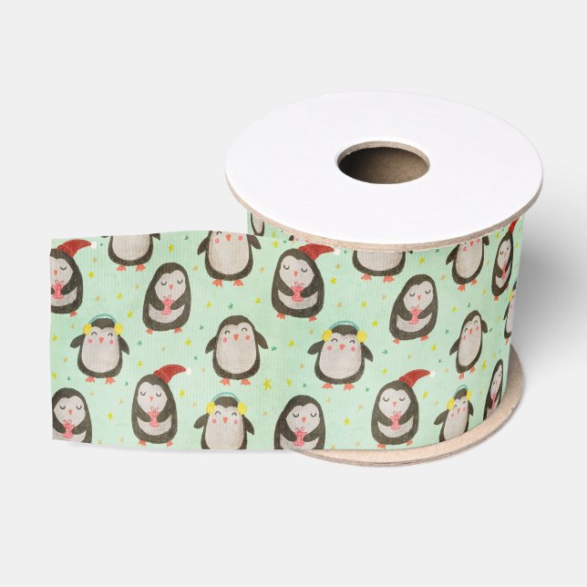 Glückliche Pinguine mit Weihnachtsmannmützen und O Ripsband (Spule)