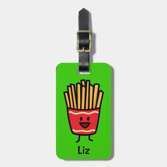 Glückliche Pommesfrites frites brieten ungesunde Gepäckanhänger (Vorderseite vertikal)