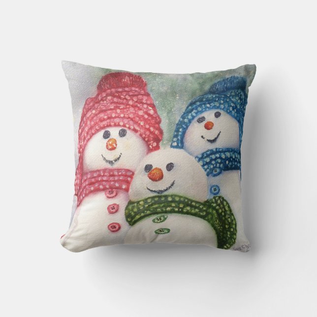 GLÜCKLICHE SCHNEEMANN-FAMILIE KISSEN (Vorderseite)