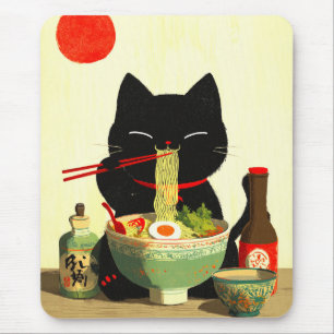 Glückliche schwarze Katze, die Ramen isst Japani Mousepad