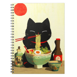 Glückliche schwarze Katze, die Ramen isst Japani Notizblock