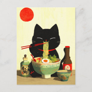 Glückliche schwarze Katze, die Ramen isst Japani Postkarte