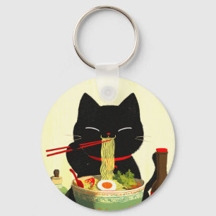 Glückliche schwarze Katze, die Ramen isst   Japani Schlüsselanhänger