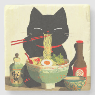 Glückliche schwarze Katze, die Ramen isst   Japani Steinuntersetzer
