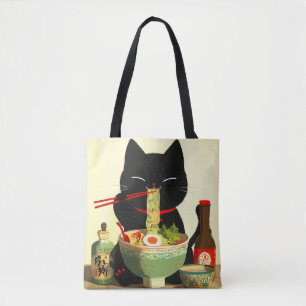 Glückliche schwarze Katze, die Ramen isst   Japani Tasche
