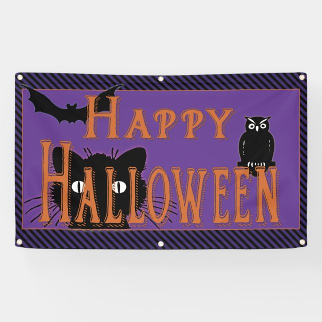 Glückliche schwarze Katze, Eule und Schläger Banner (Horizontal)