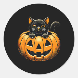 Glückliche schwarze Katze im Halloween-Kürbiskostü Runder Aufkleber