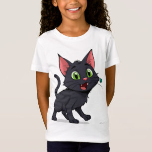 Glückliche schwarze Zeichentrickkatze mit grünen A T-Shirt