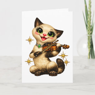 Glückliche siamesische Katze spielt Violine Retro Karte