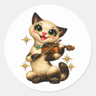 Glückliche siamesische Katze spielt Violine Retro  Runder Aufkleber