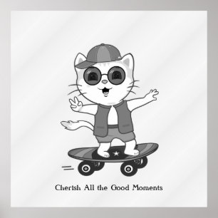 Glückliche Skater-Katze auf silbergrauen Shades Poster