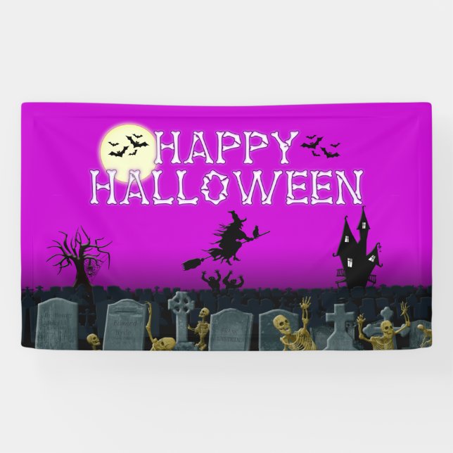 Glückliche Skeleton Hexe-lila   Fahne Halloweens Banner (Horizontal)
