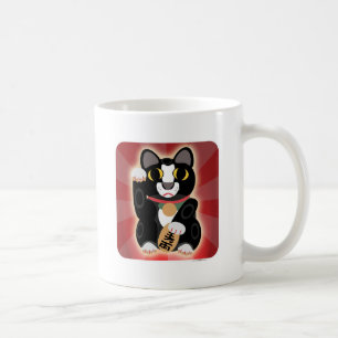 Glückliche Smokings-Katze zu Hause Kaffeetasse