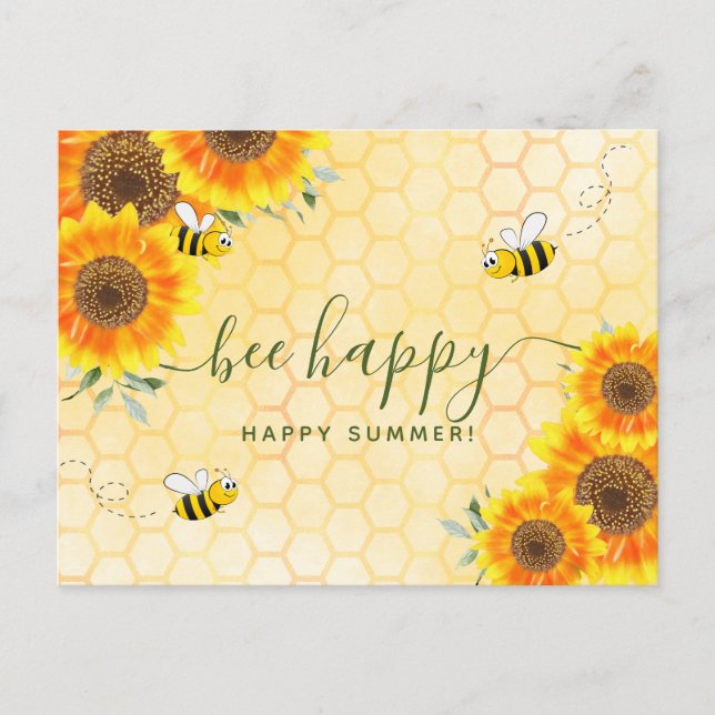 Glückliche Sommer Grüße Sonnenblumen Blütenbienen Postkarte (Vorderseite)