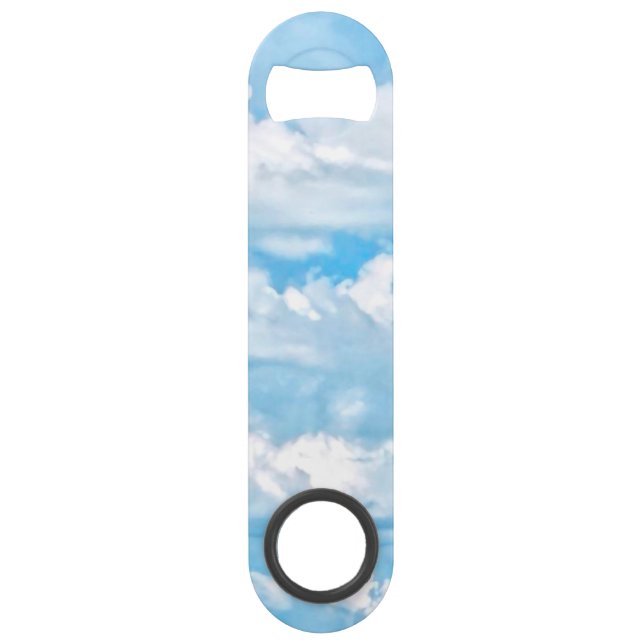 Glückliche sonnige Wolken-hellblauer Speedflaschenöffner (Vorderseite)