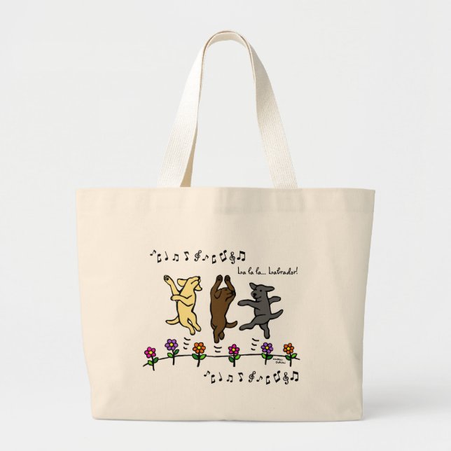 Glückliche tanzende Labrador-Trio-Cartoon-Blumen Jumbo Stoffbeutel (Vorne)