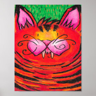 Glückliche Tigkatze in Ölkreide auf grünem Poster