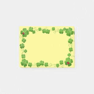 Glückliche Vierblattklee & Marienkäfer auf Gelb Post-it Klebezettel