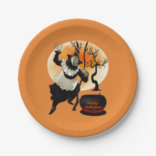 Glückliche Vintage Hexe und großer Kessel Pappteller