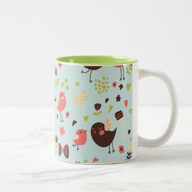 Glückliche Vögel im Bereich der Blume Zweifarbige Tasse (Rechts)