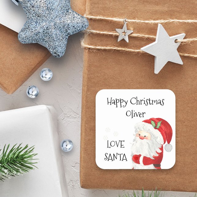 Glückliche Weihnachtskids Name Liebe Santa Quadratischer Aufkleber (Happy Christmas from Santa Sticker - personalized with child's name)